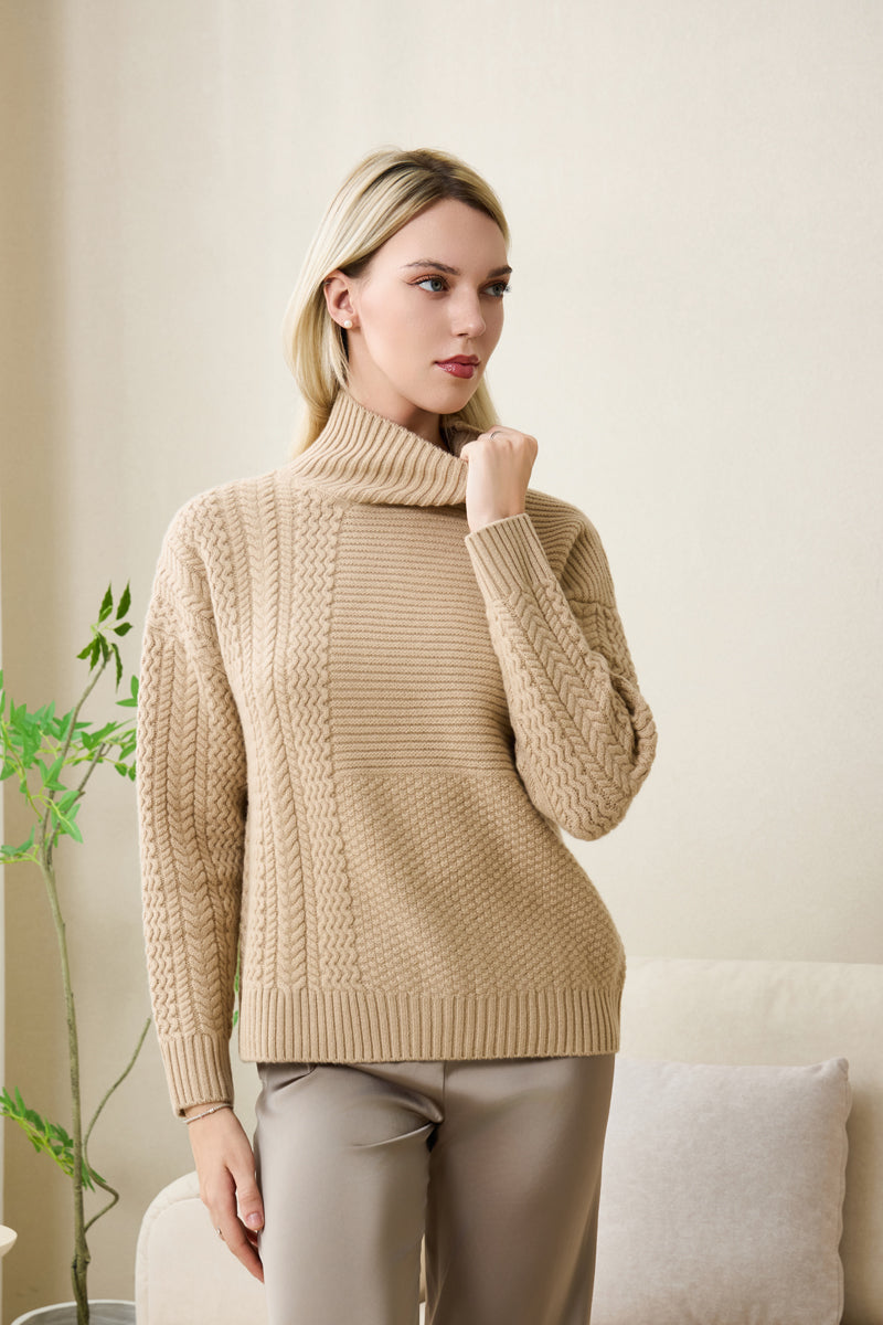 eleanor cable knit high neck sweater in lambswool#color_sandstone
