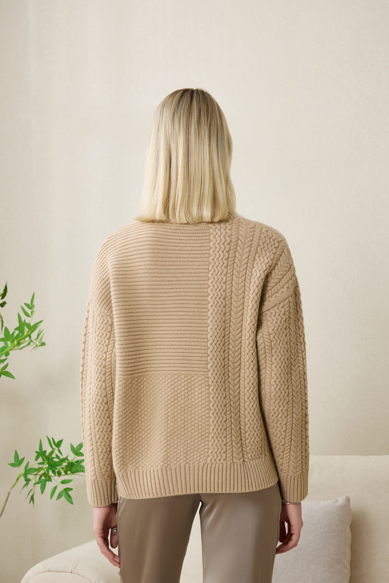 eleanor cable knit high neck sweater in lambswool#color_sandstone