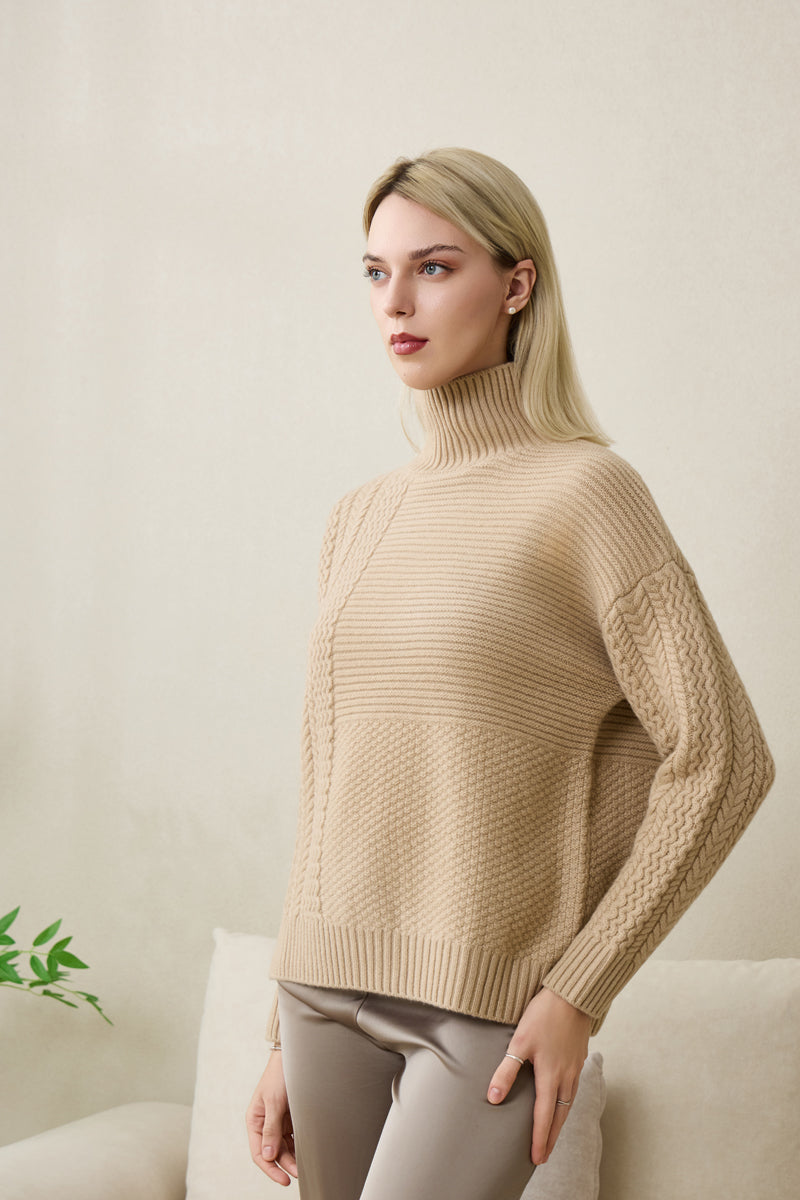 eleanor cable knit high neck sweater in lambswool#color_sandstone