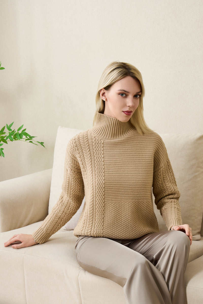 eleanor cable knit high neck sweater in lambswool#color_sandstone