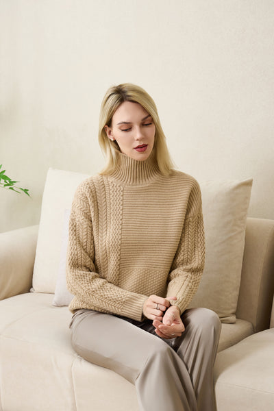 eleanor cable knit high neck sweater in lambswool#color_sandstone