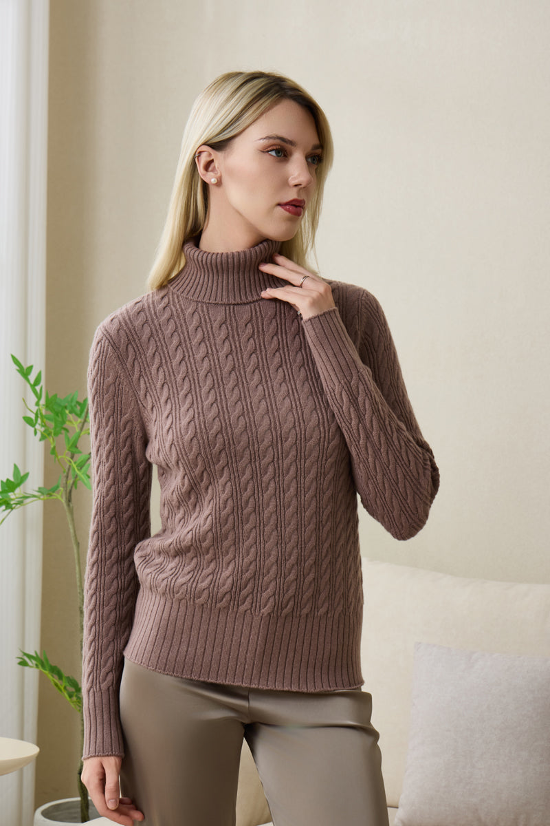 Ladies Cable Knit Turtle Neck with Cashmere by Inis Aran#color_ceramic-glaze