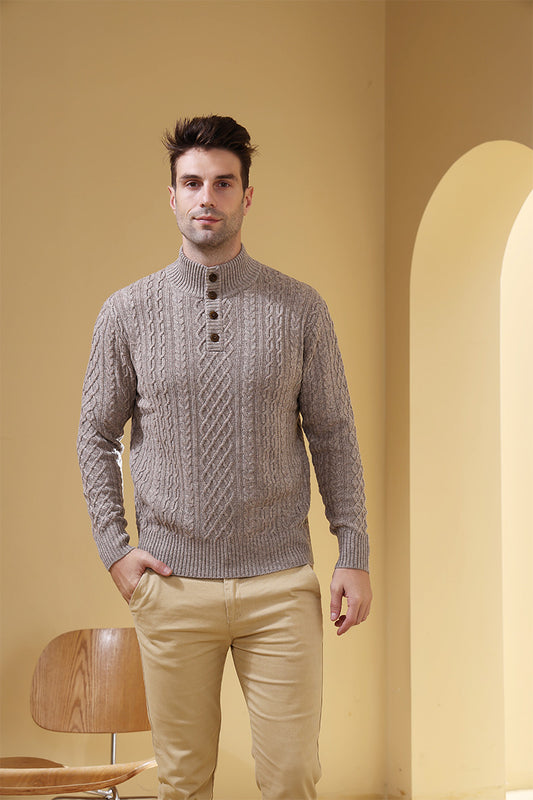 Luxury Mens Aran Knit Button Sweater Made with cashmere by Inis Aran Ireland#color_rice-flower