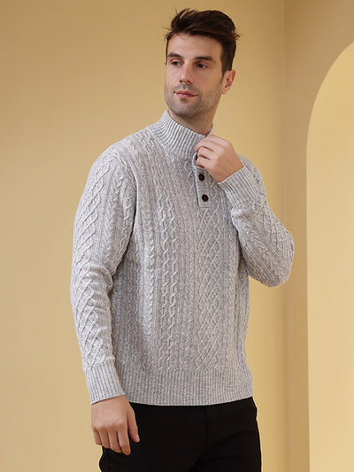 Superfine wool & cashmere aran knit button sweater#color_mineral-grey