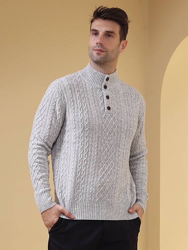 Superfine wool & cashmere aran knit button sweater#color_mineral-grey