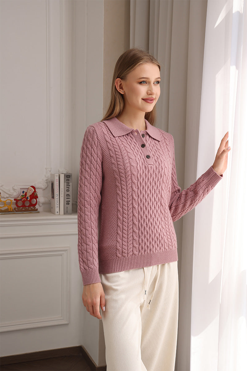 Olivia Polo Collar Aran Sweater with Cashmere#color_blush