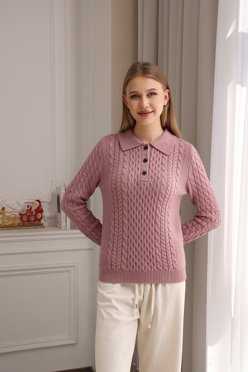 Olivia Polo Collar Aran Sweater with Cashmere#color_blush