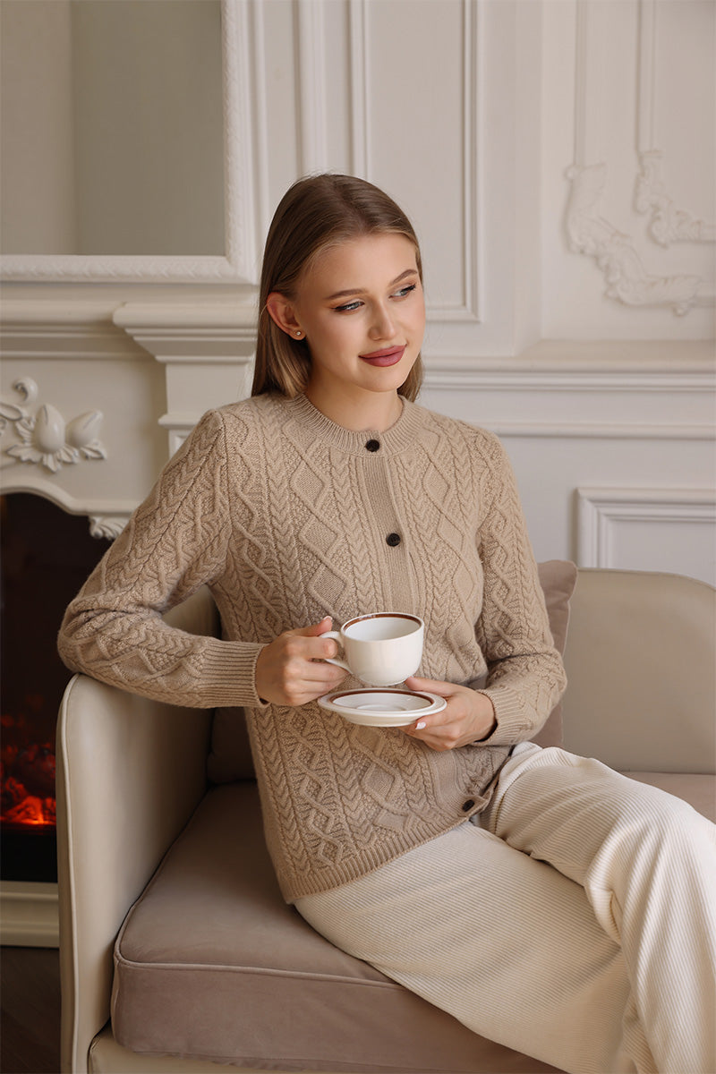 Luxury Lambswool Aran Cable Knit Button cardigan#color_sandstone