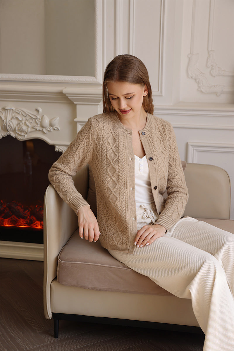 Luxury Lambswool Aran Cable Knit Button cardigan#color_sandstone