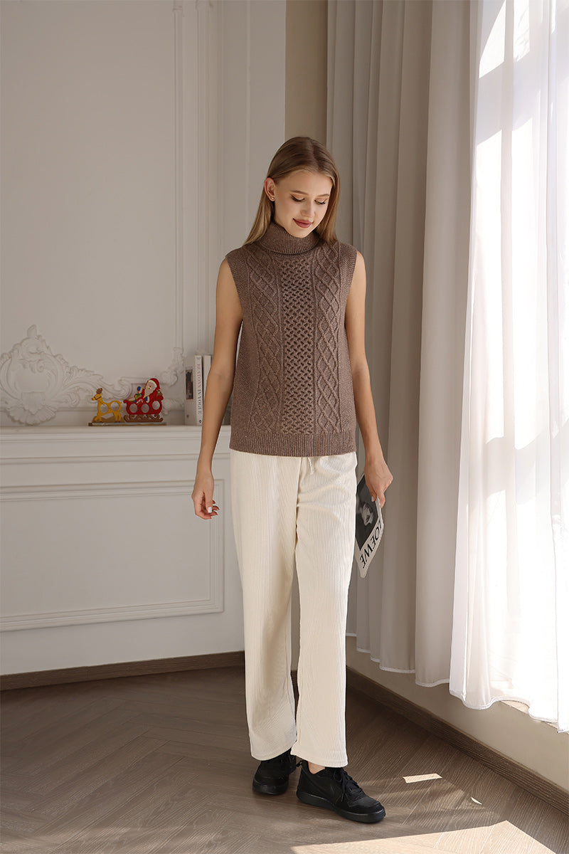 Luxurious Ladies Aran Cable Knit Turtle Neck Vest Made by Inis Aran with Cashmere#color_late-autumn