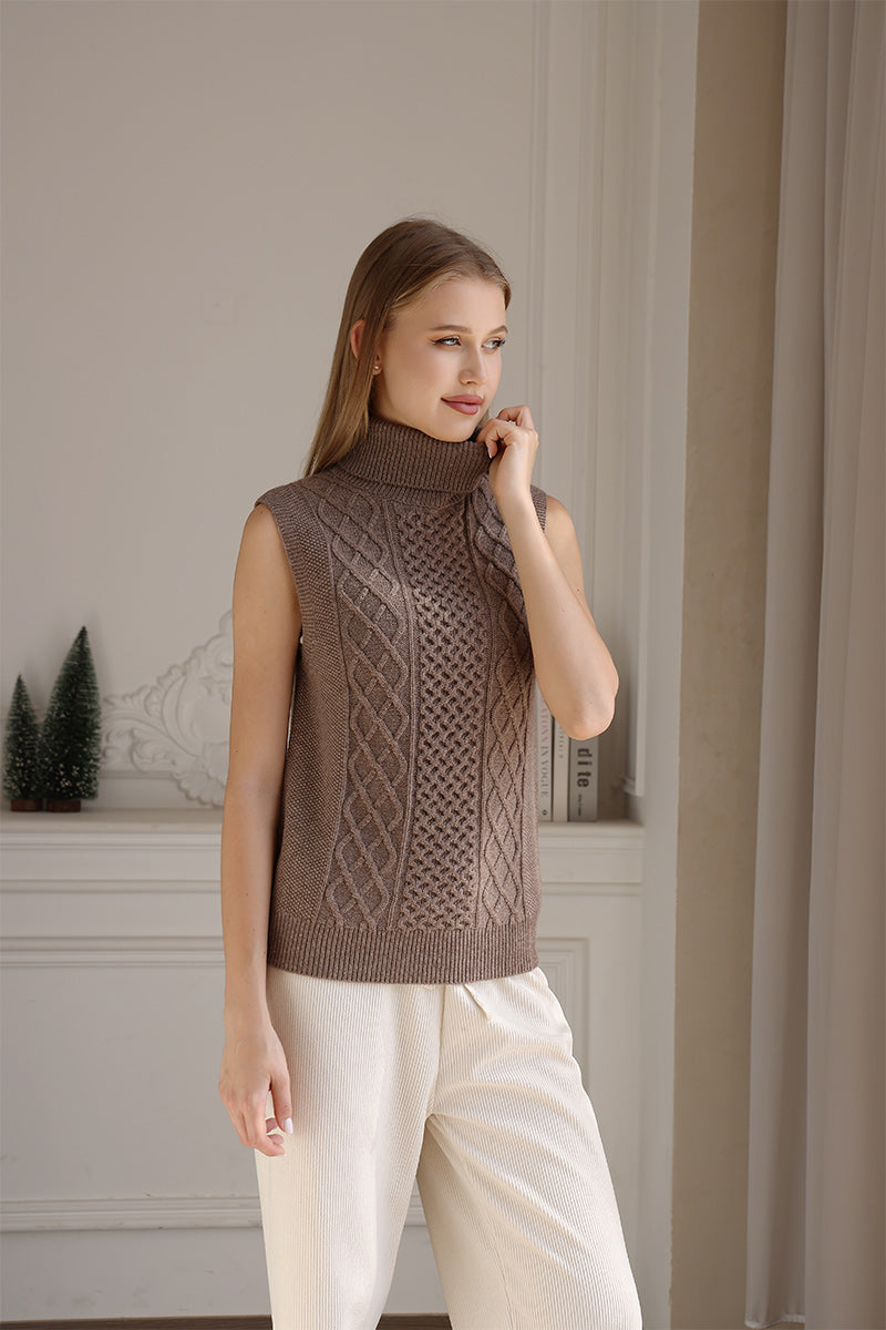 Luxurious Ladies Aran Cable Knit Turtle Neck Vest Made by Inis Aran with Cashmere#color_late-autumn