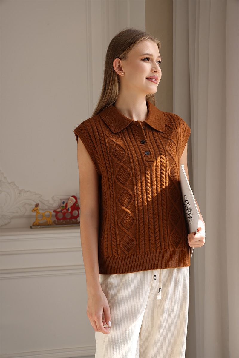 Aran Cable Knit Polo Collar Vest in luxurious lambswool by Inis Aran Ireland#color_toffee