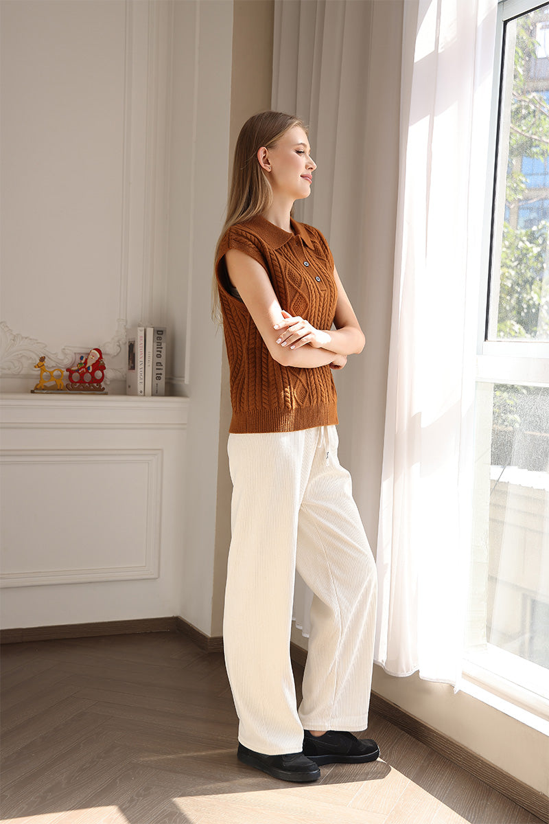 Aran Cable Knit Polo Collar Vest in luxurious lambswool by Inis Aran Ireland#color_toffee