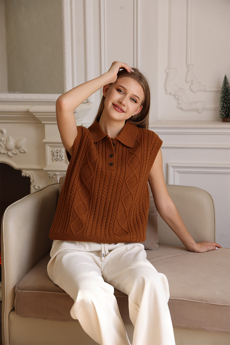 Aran Cable Knit Polo Collar Vest in luxurious lambswool by Inis Aran Ireland#color_toffee