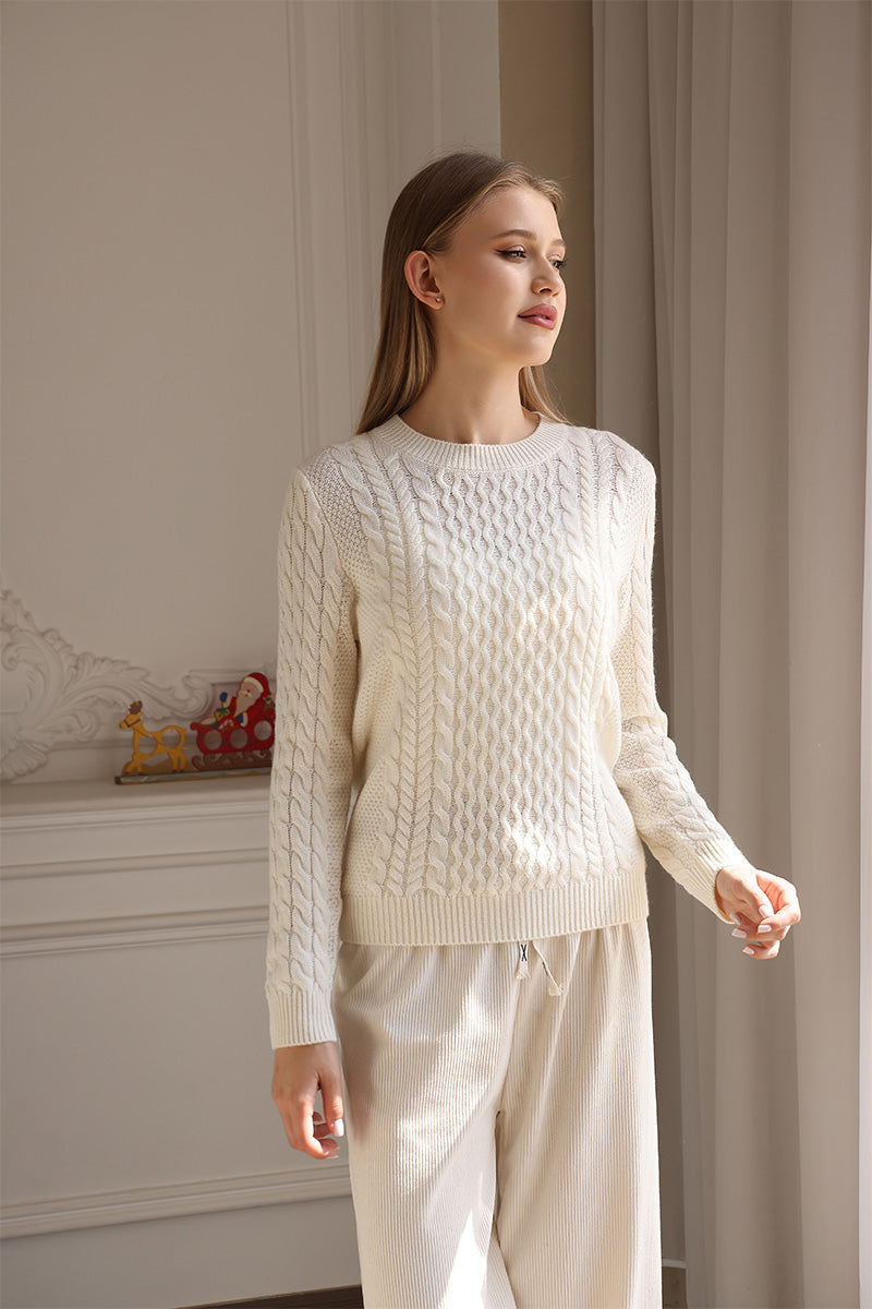 Luxury Aran Cable Knit Sweater with cashmere made by Inis Aran Ireland#color_white-alyssum