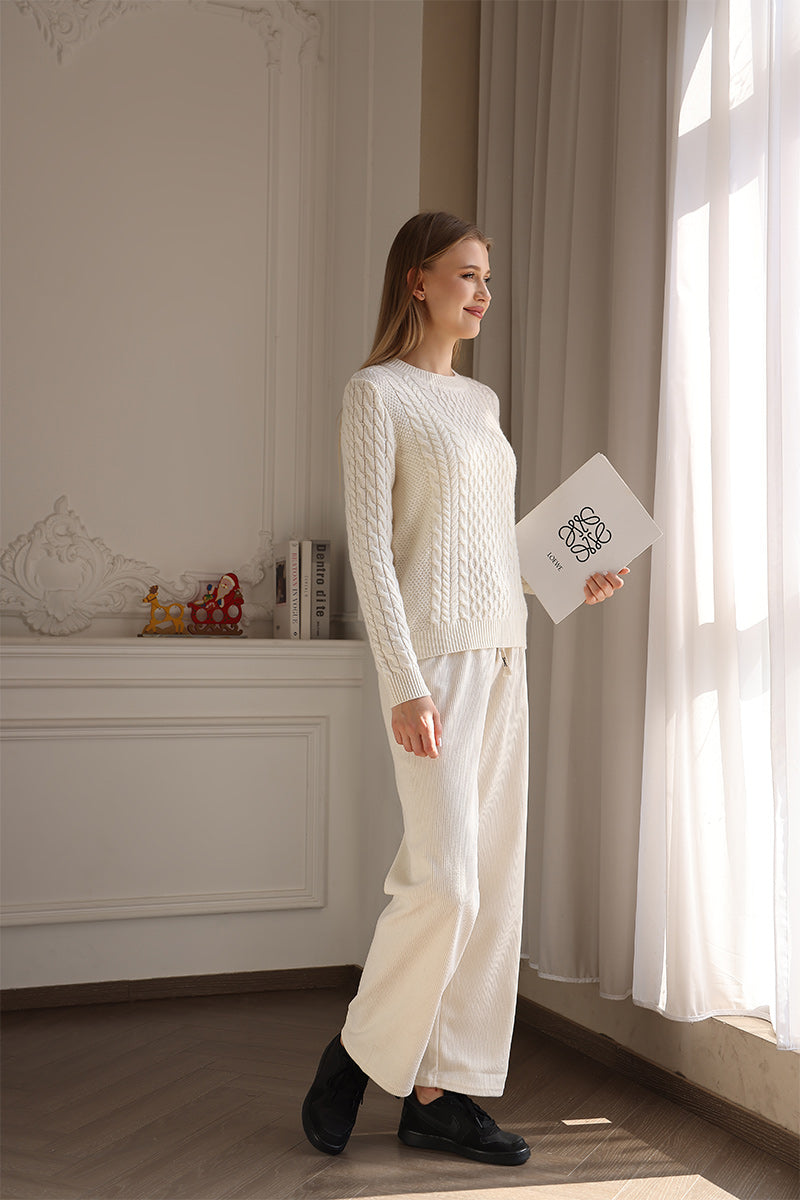 Luxury Aran Cable Knit Sweater with cashmere made by Inis Aran Ireland#color_white-alyssum