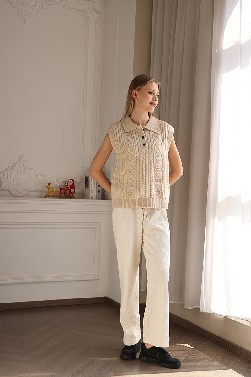 Aran Cable Knit Polo Collar Vest in luxurious lambswool by Inis Aran Ireland#color_dew