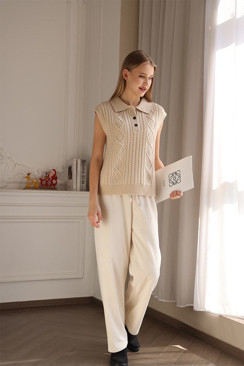 Aran Cable Knit Polo Collar Vest in luxurious lambswool by Inis Aran Ireland#color_dew