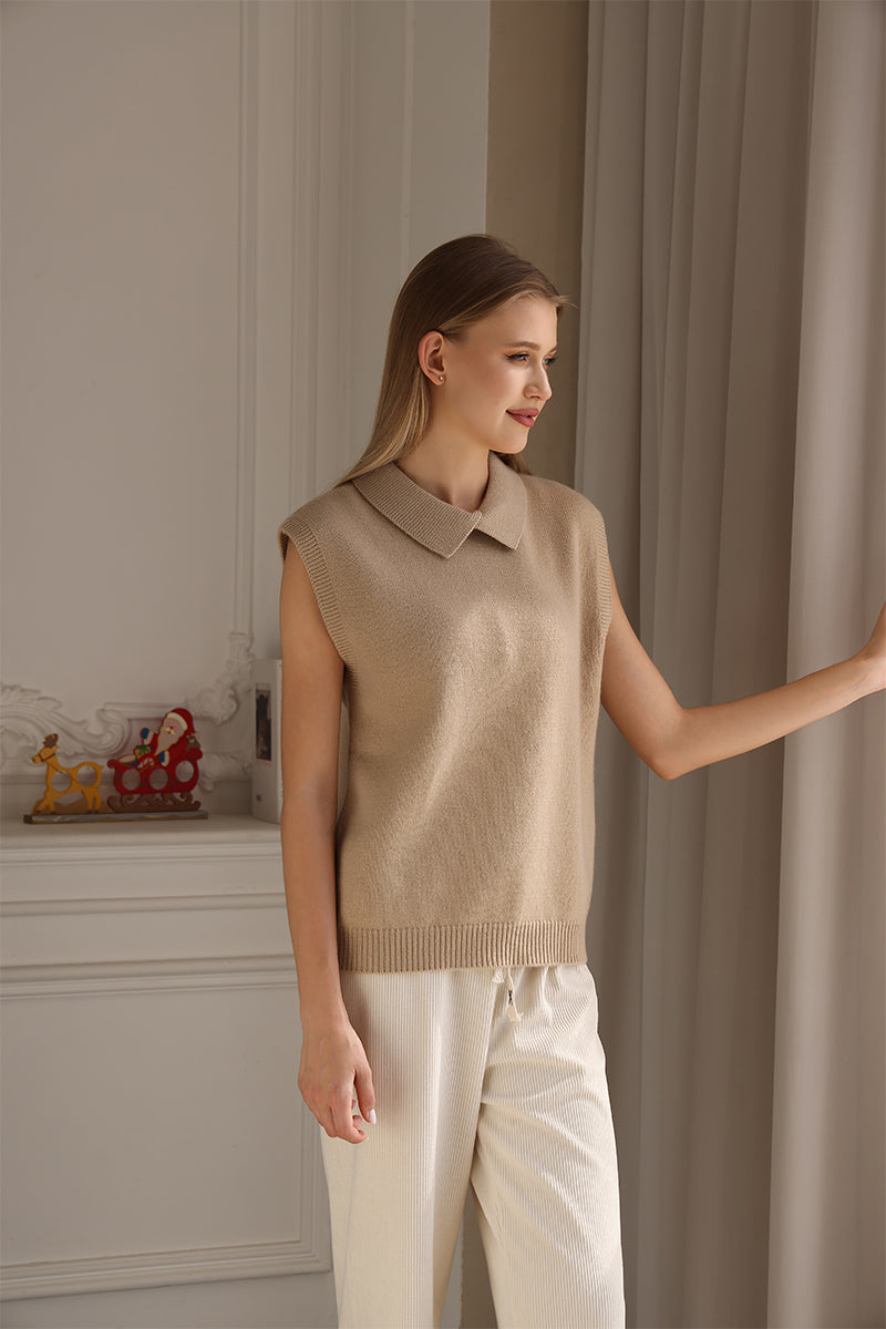 Luxury Wool Sarah Lambswool Polo Collar Vest#color_sandstone