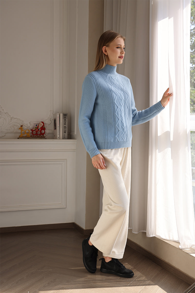 Luxury Lambswool Cable Knit Aran Mock Neck Sweater Made by Inis Aran Ireland#color_bright-blue