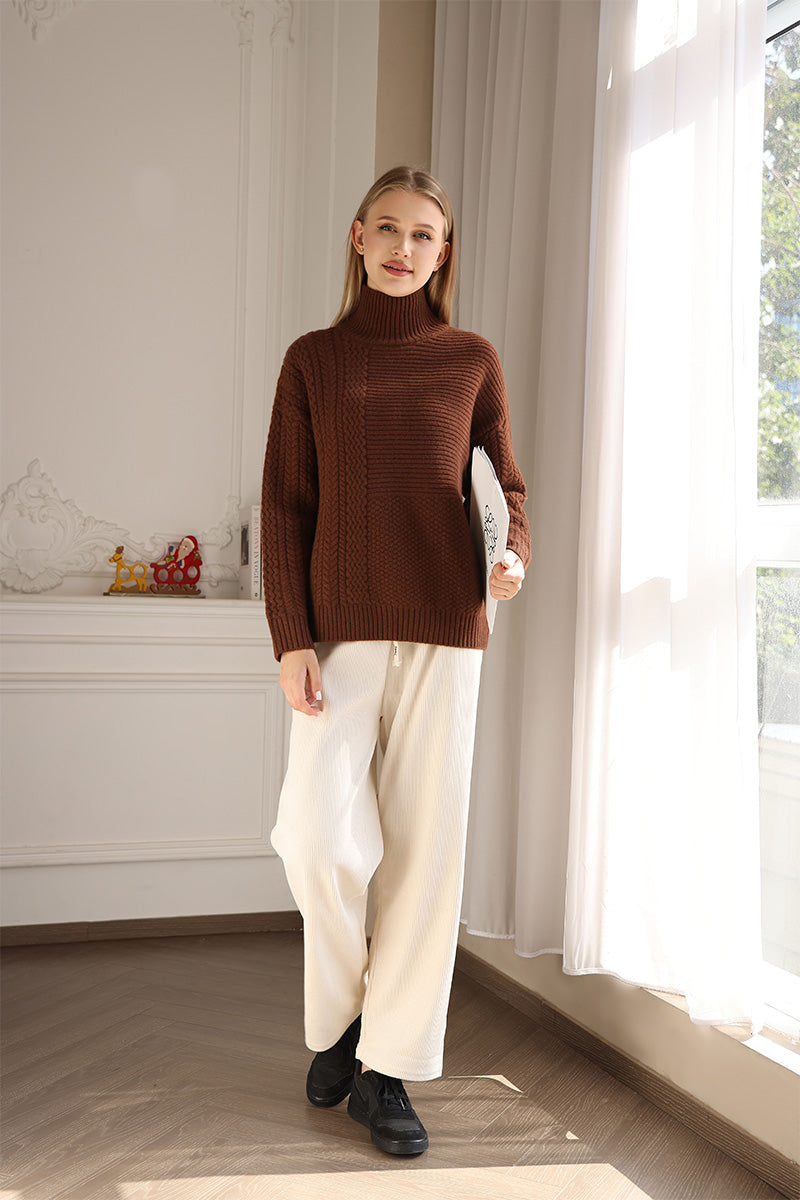 Luxurious Ladies Lambswool Irish Aran Cable Knit High Neck Sweater Made by Inis Aran Ireland#color_coco