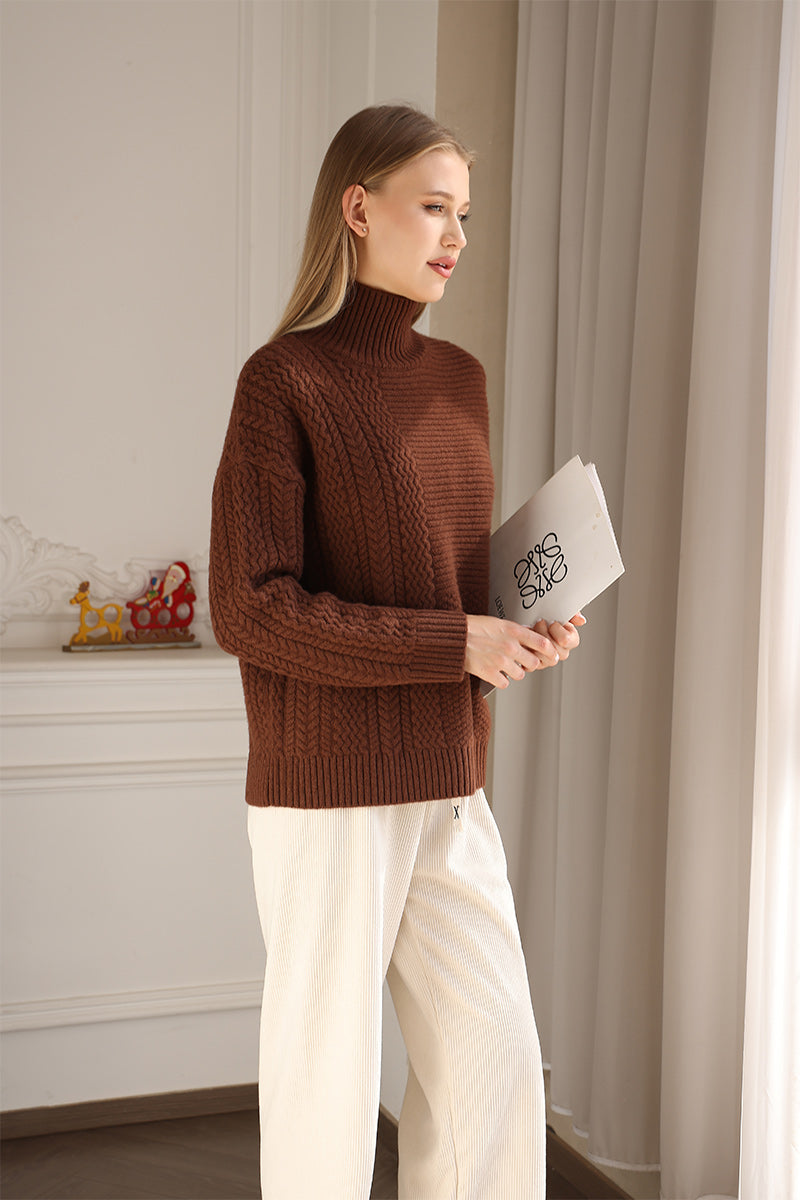 Luxurious Ladies Lambswool Irish Aran Cable Knit High Neck Sweater Made by Inis Aran Ireland#color_coco