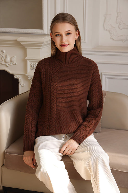 Luxurious Ladies Lambswool Irish Aran Cable Knit High Neck Sweater Made by Inis Aran Ireland#color_coco