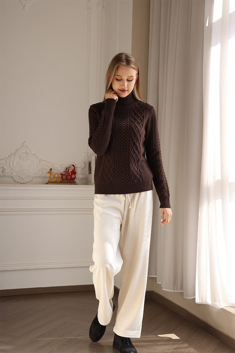 Luxury Irish Aran Cable Turtle Neck made with cashmere by Inis Aran Ireland#color_brown