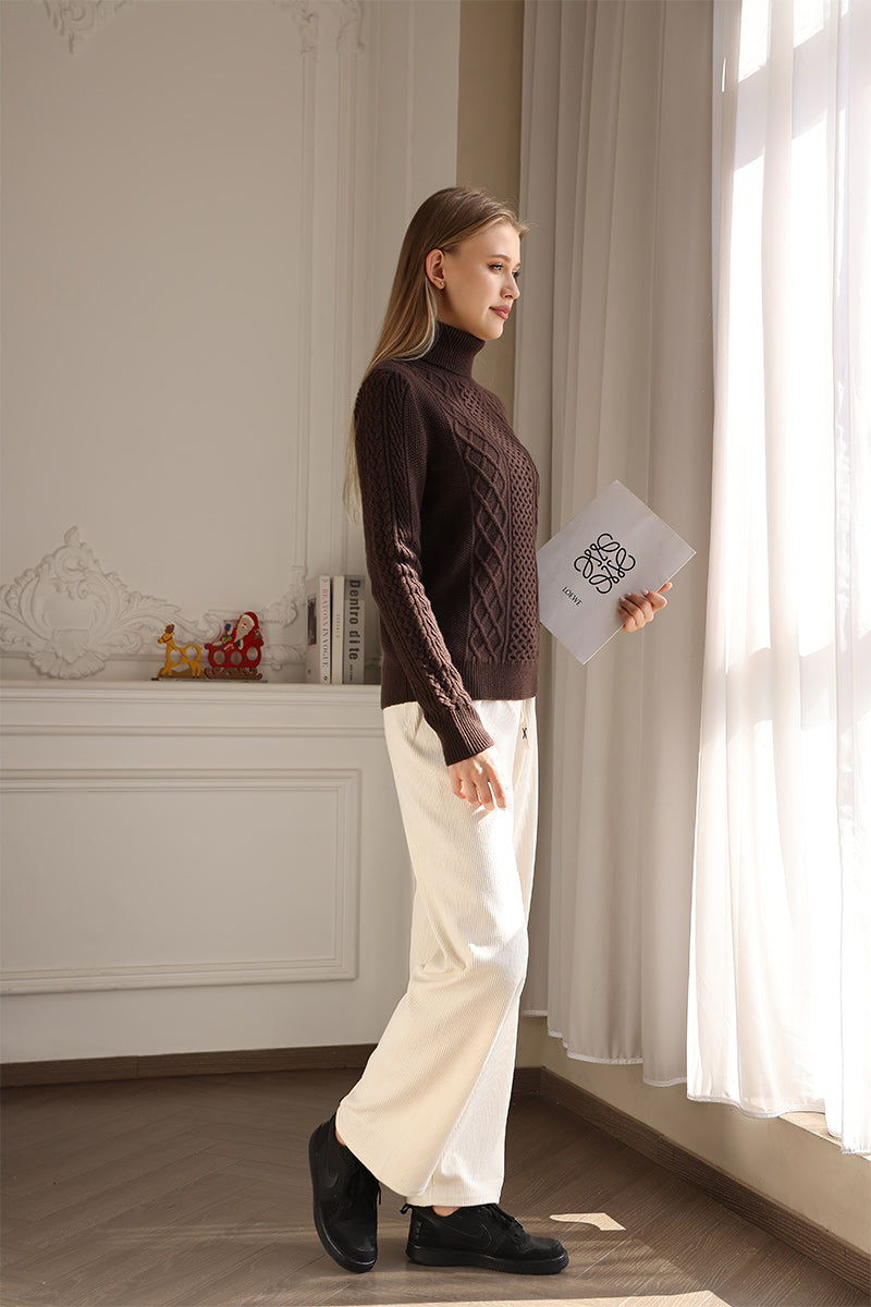 Luxury Irish Aran Cable Turtle Neck made with cashmere by Inis Aran Ireland#color_brown