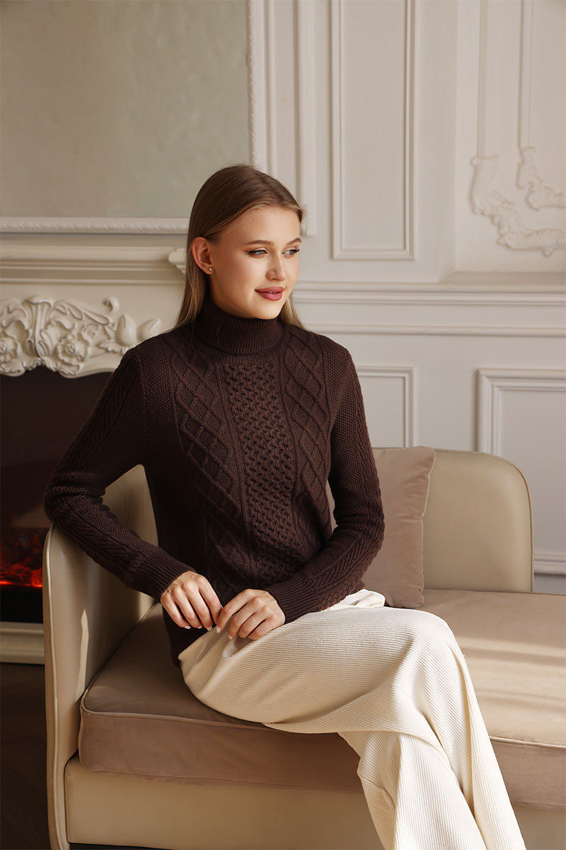 Luxury Irish Aran Cable Turtle Neck made with cashmere by Inis Aran Ireland#color_brown