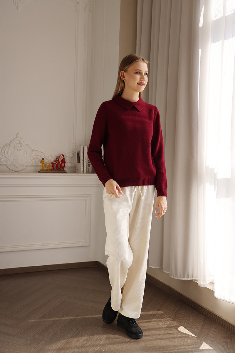 Ladies Paula Luxury Lambswool Polo Collar Sweater Made by Inis Aran Ireland#color_burgundy