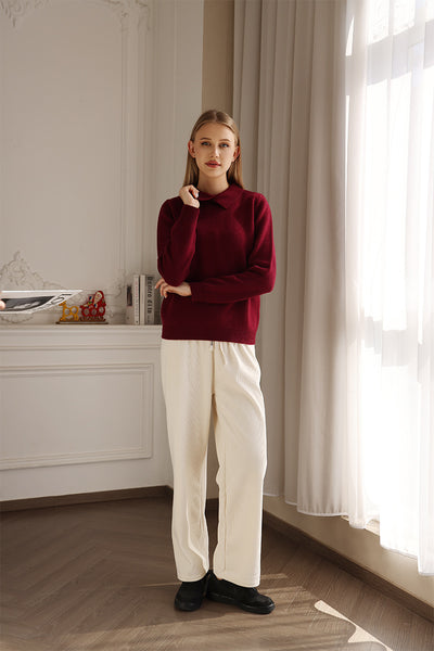 Ladies Paula Luxury Lambswool Polo Collar Sweater Made by Inis Aran Ireland#color_burgundy