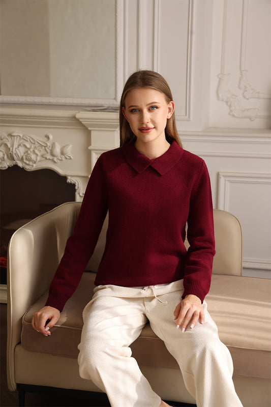 Ladies Paula Luxury Lambswool Polo Collar Sweater Made by Inis Aran Ireland#color_burgundy