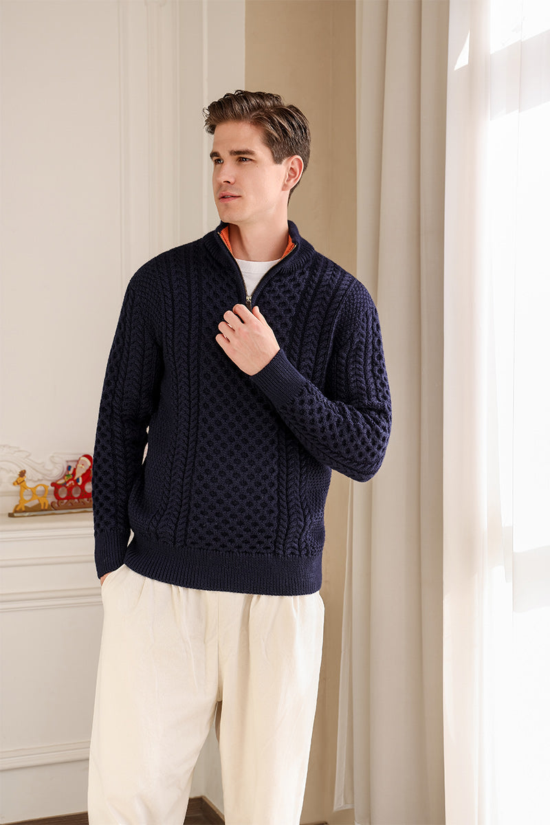 Classic Irish Aran Cable Knit 1/4 Zip Sweater#colour_navy