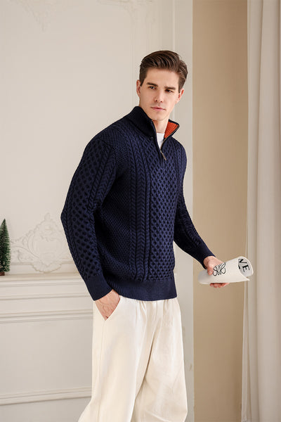 Classic Irish Aran Cable Knit 1/4 Zip Sweater#colour_navy