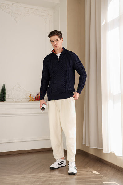 Classic Irish Aran Cable Knit 1/4 Zip Sweater#colour_navy
