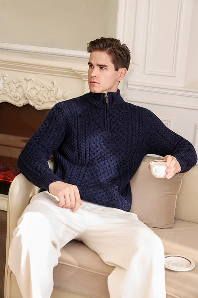 Classic Irish Aran Cable Knit 1/4 Zip Sweater#colour_navy