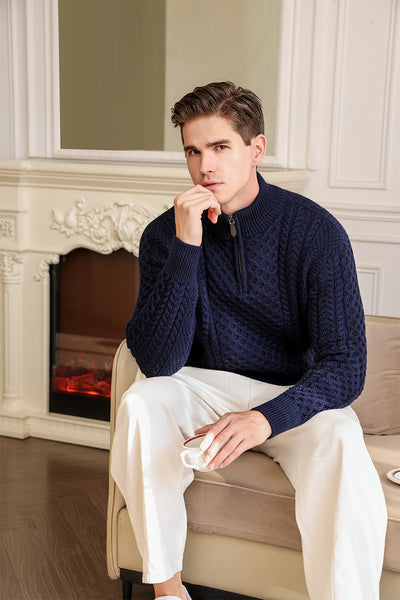Classic Irish Aran Cable Knit 1/4 Zip Sweater#colour_navy