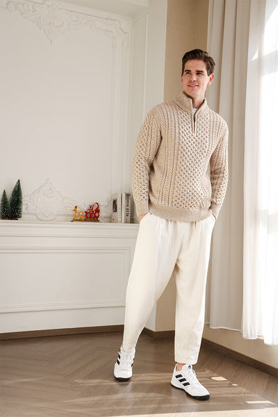 Classic Irish Aran Cable Knit 1/4 Zip Sweater#colour_camel