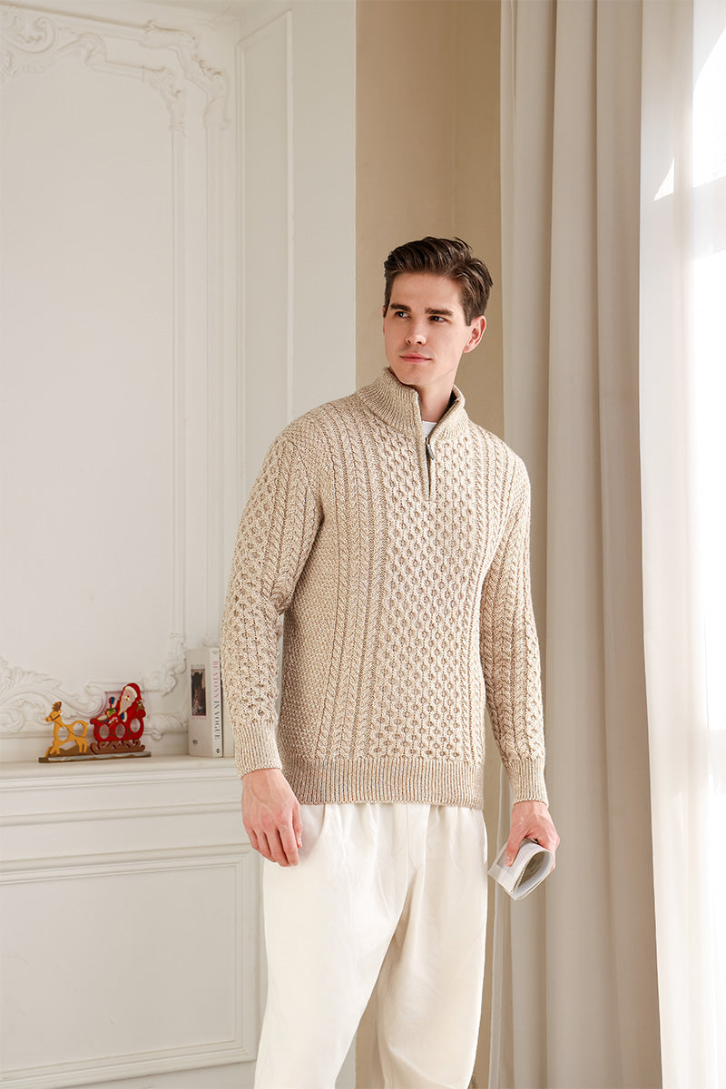 Classic Irish Aran Cable Knit 1/4 Zip Sweater#colour_camel