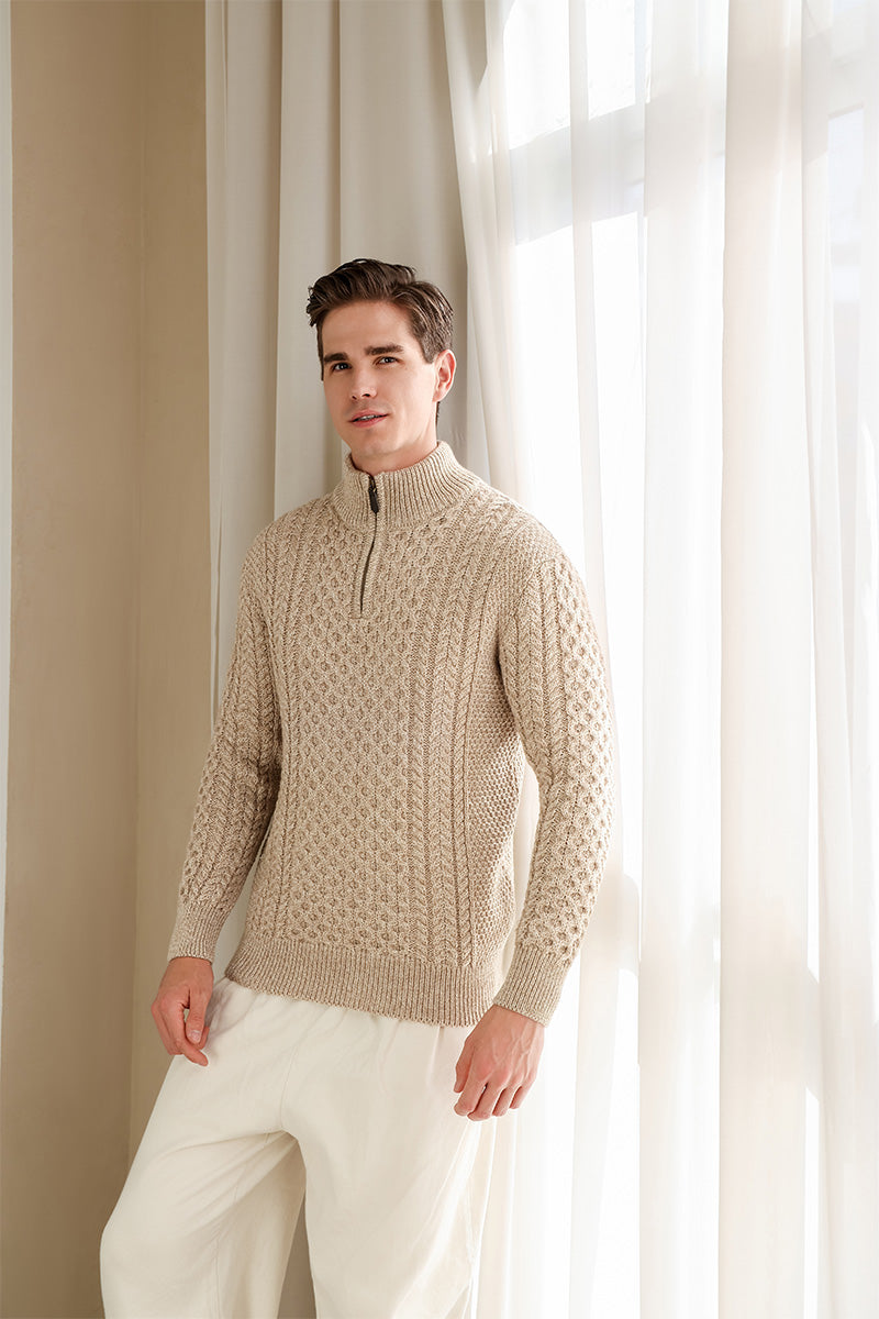Classic Irish Aran Cable Knit 1/4 Zip Sweater#colour_camel