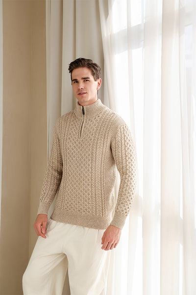 Classic Irish Aran Cable Knit 1/4 Zip Sweater#colour_camel