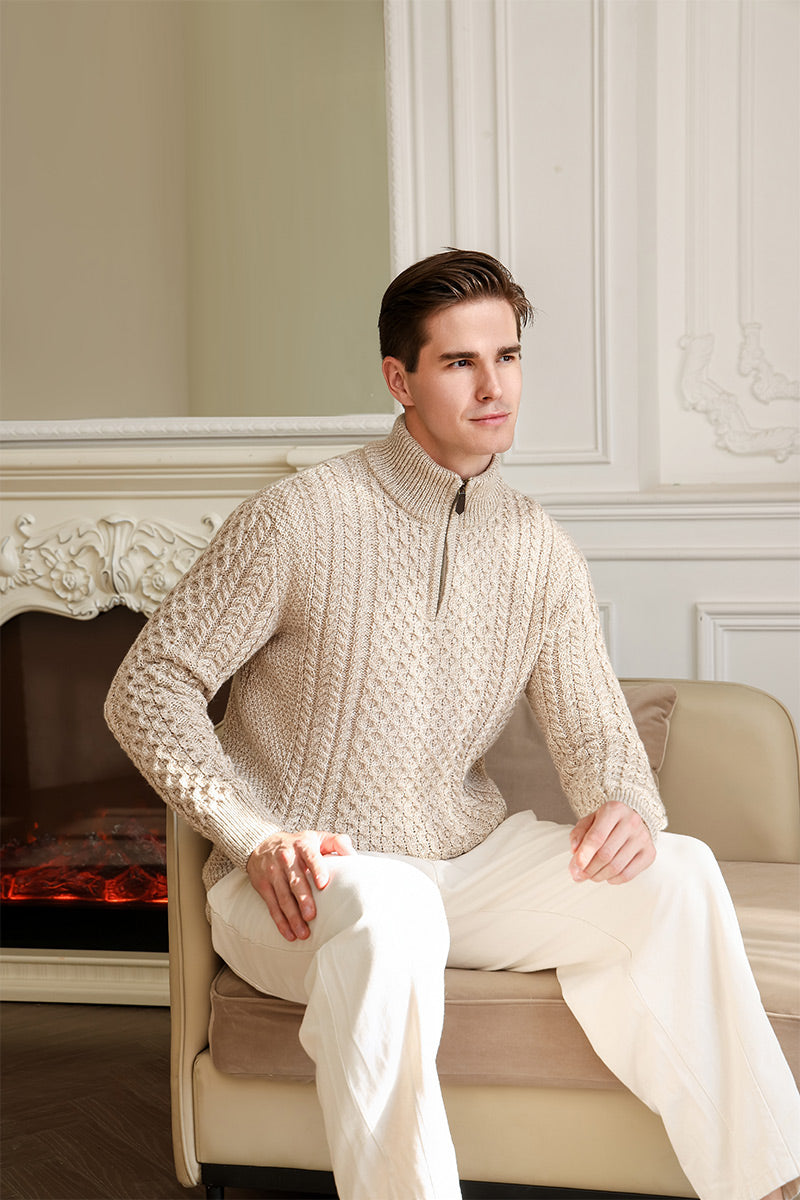 Classic Irish Aran Cable Knit 1/4 Zip Sweater#colour_camel