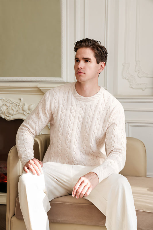 Mens xtra fine lambswool Aran cable knit sweater#color_jasmine