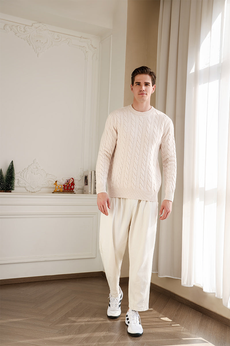 Mens extra fine lambswool Aran cable knit sweater#color_jasmine