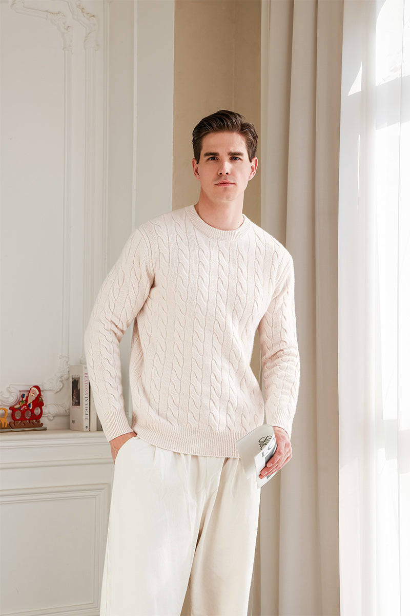Mens extra fine lambswool Aran cable knit sweater#color_jasmine