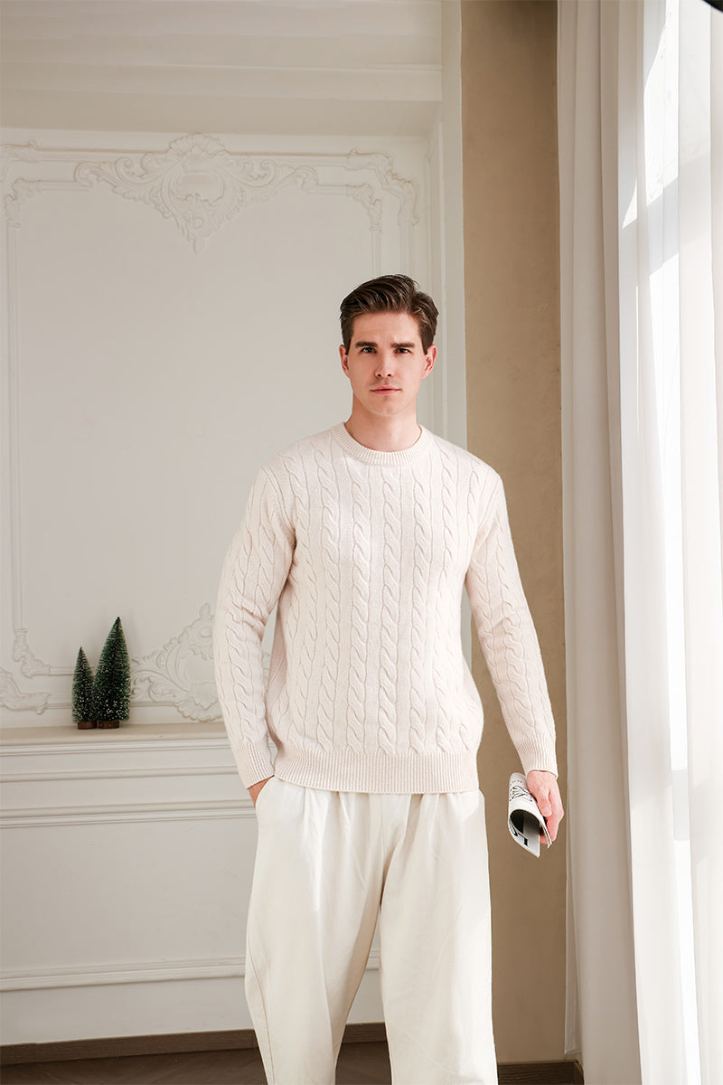 Mens extra fine lambswool Aran cable knit sweater#color_jasmine