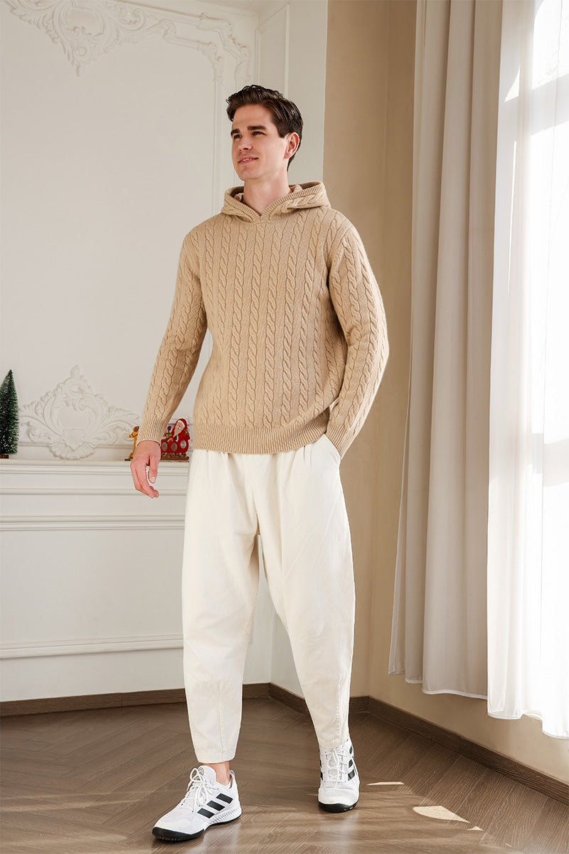 Mens Finn Cable Hoodie in Lambswool by Inis Aran Ireland Luxury Knitwear Brand#color_sandstone