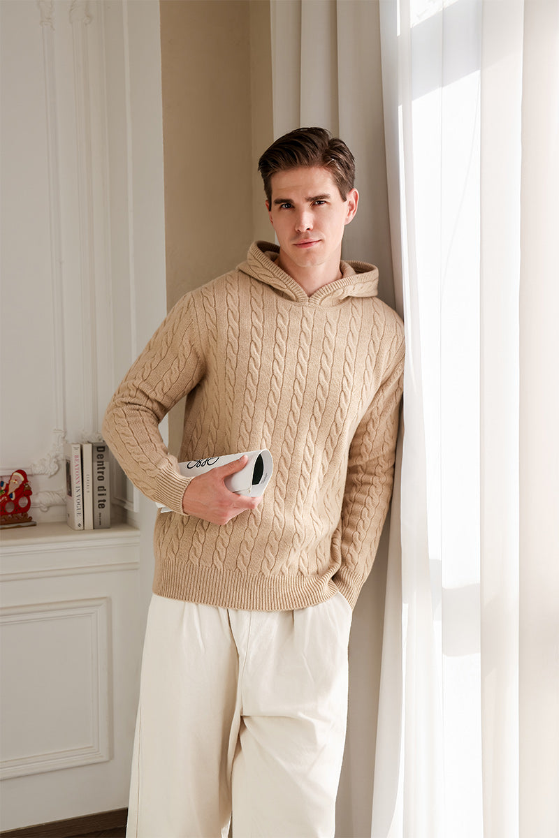 Mens Finn Cable Hoodie in Lambswool by Inis Aran Ireland Luxury Knitwear Brand#color_sandstone