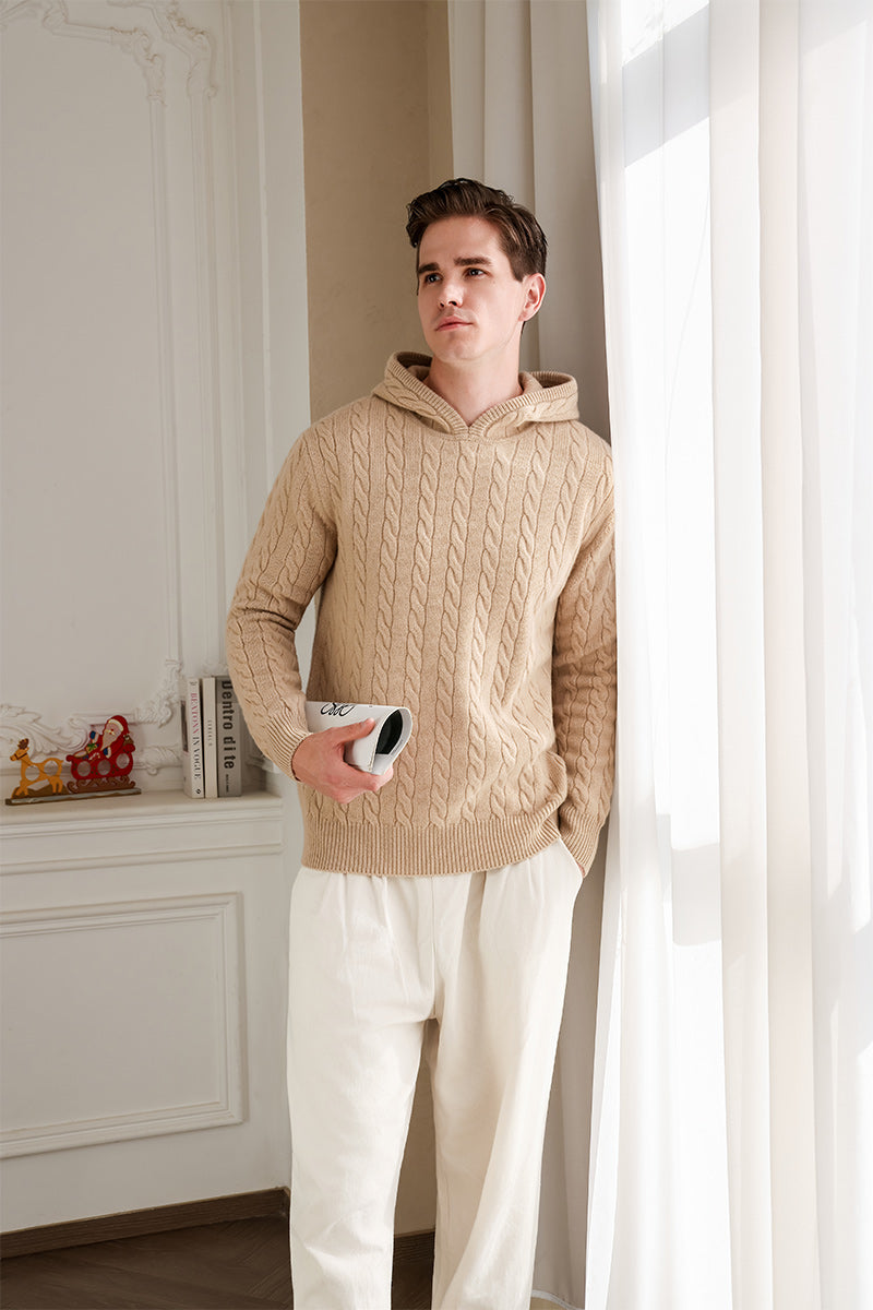 Mens Finn Cable Hoodie in Lambswool by Inis Aran Ireland Luxury Knitwear Brand#color_sandstone